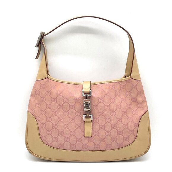 Authentic GUCCI GG Monogram Web Jackie O Hobo Pink Shoulder Bag Sherry Leather - Picture 1 of 7